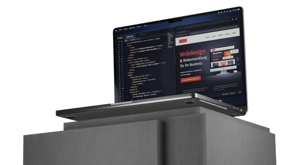 Laptop auf Betonsockel zeigt einen Code-Editor und eine moderne Website mit dem Schriftzug „Webdesign & Webentwicklung".
