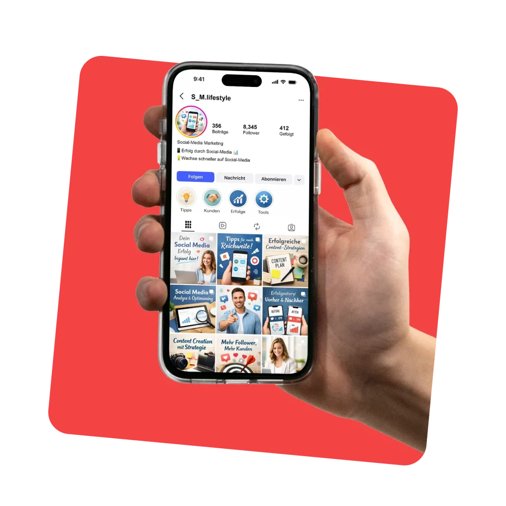 Ein Smartphone in einer Hand. Darauf zusehen ist eine KI Generierung eines Social-Media-Feed.