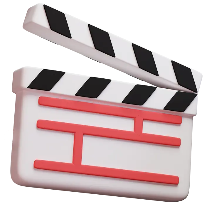 3D-Icon einer geöffneten schwarz-weiß-roten Filmklappe als Symbol für Social-Media-Videos