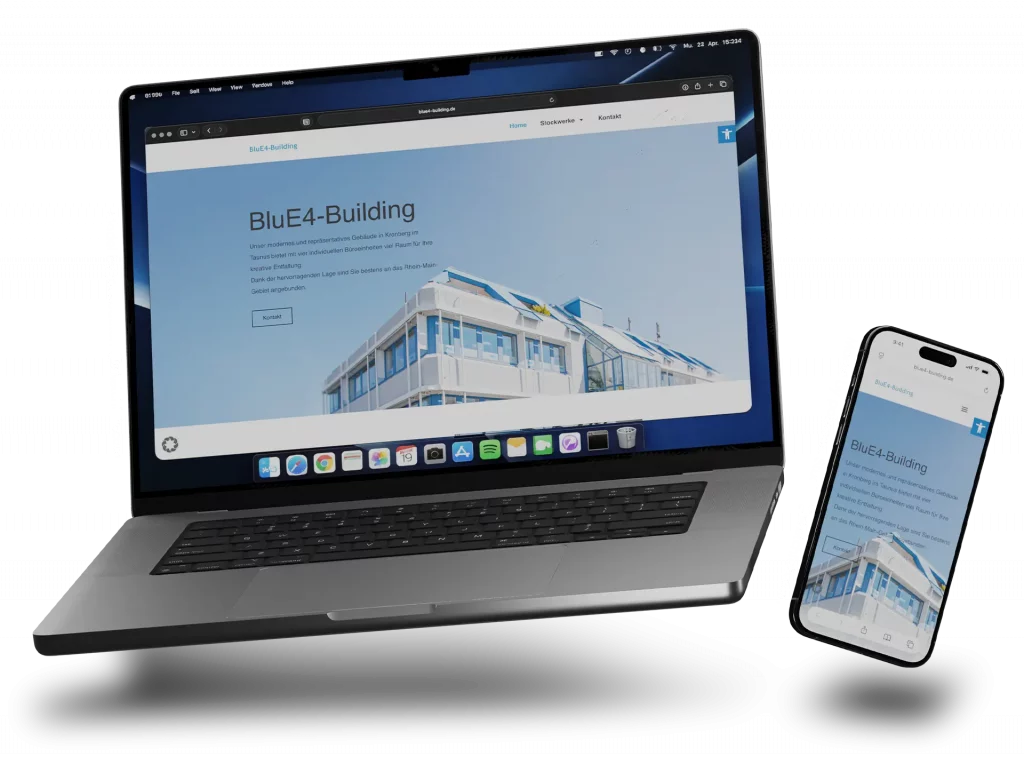 Dieselbe Website „BluE4-Building" auf Laptop und Smartphone als Beispiel für responsives Webdesign.