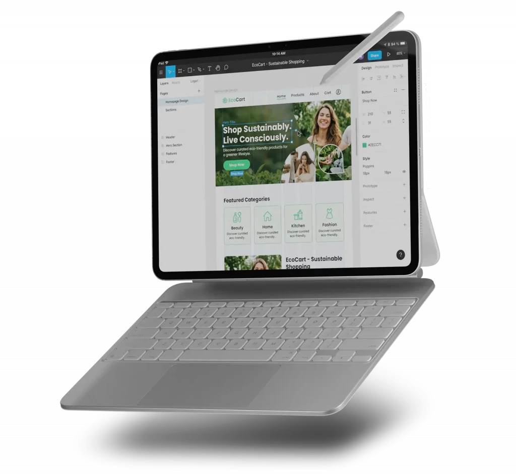 Website-Entwurf in einem Design-Tool auf einem Tablet mit Eingabestift, geöffnetes Layout einer Shop-Startseite.