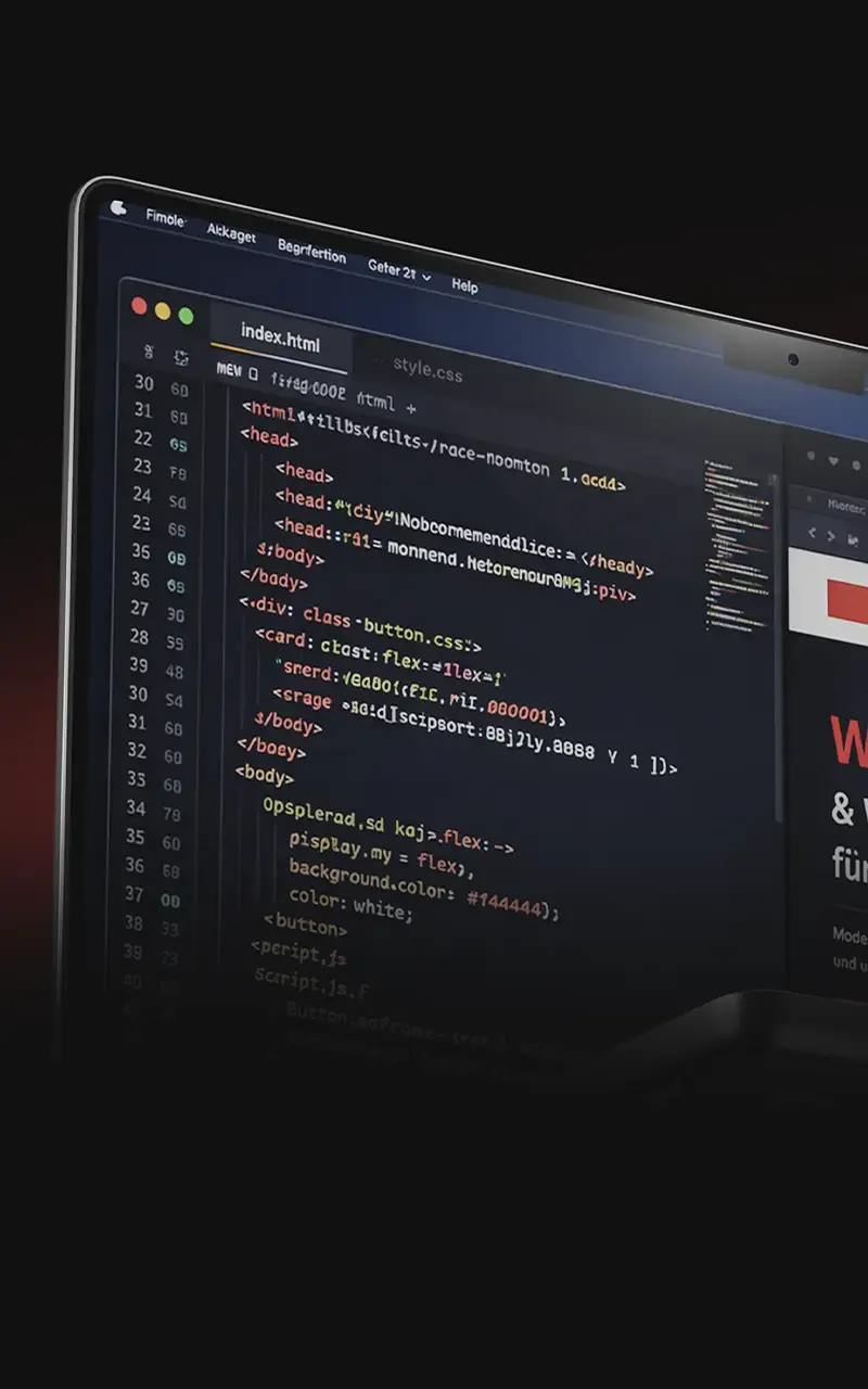 Laptop zeigt Programmierung eine Website mit HTML und CSS im Code-Editor