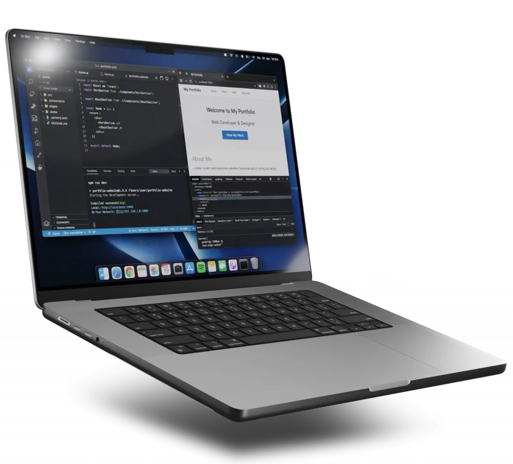 Aufgeklappter Laptop mit Code-Editor und Browser-Vorschau einer Website während der Entwicklung.