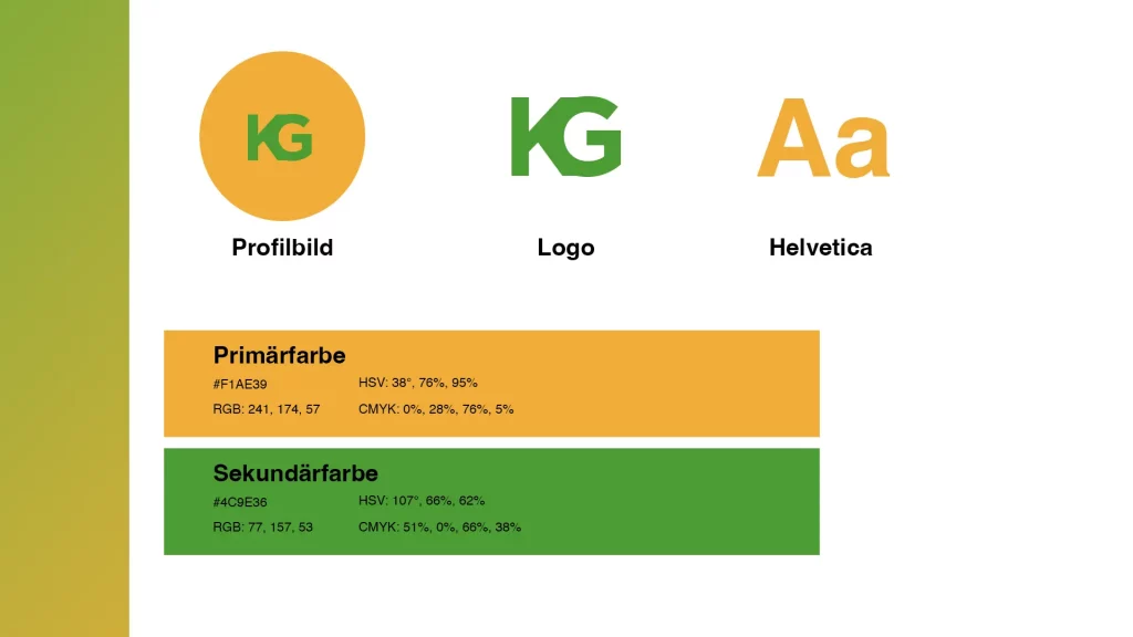 Corporate-Identity-Übersicht eines Social-Media-Designpacks mit Profilbild, Logo, Schriftart Helvetica sowie Primärfarbe Orange und Sekundärfarbe Grün