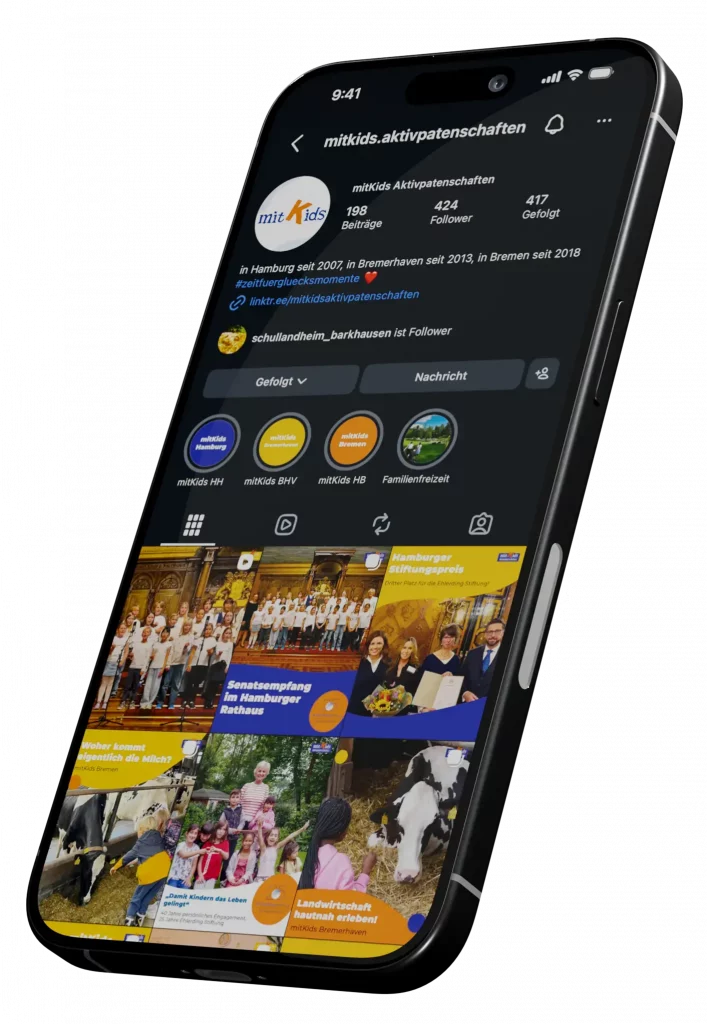 Smartphone mit Darstellung eines Instagram-Feed von mitKids Aktivpatenschaften