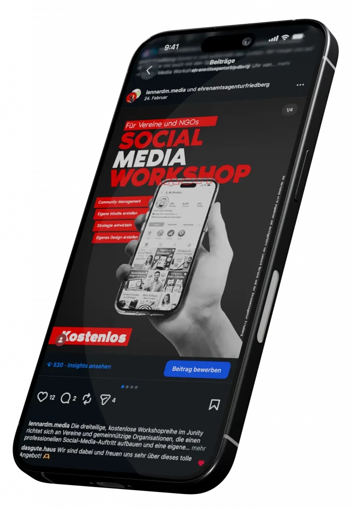 Smartphone mit Darstellung einem Instagram-Post für den Social-Media-Workshop von Lennard Mertens Media.
