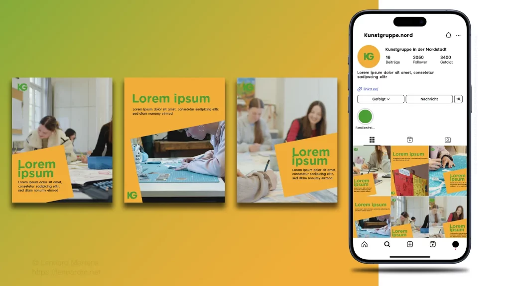 Social-Media-Designpack in Anwendung: einheitlich gestaltete Instagram-Beiträge und Profilvorschau für den Account einer Kunstgruppe
