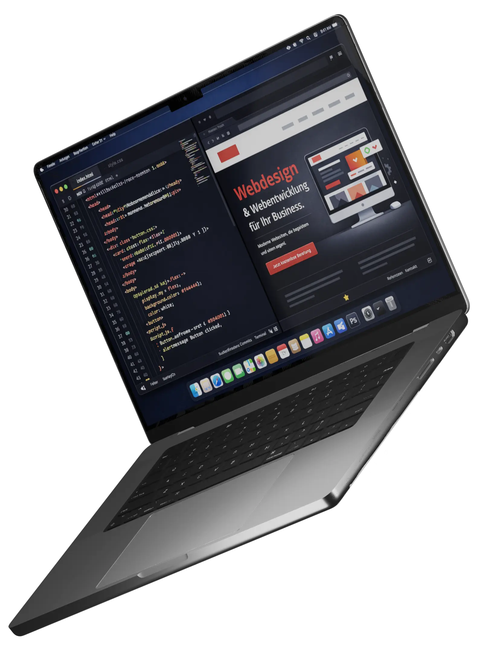Laptop in Schrägansicht mit Code-Editor und einer Website-Vorschau zum Thema Webdesign und Webentwicklung.