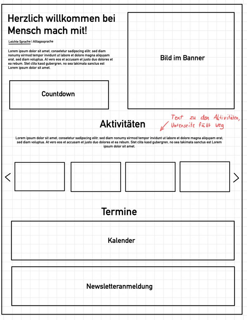 Wireframe der Startseite mit Banner, Countdown, Aktivitäten-Slider und Newsletter-Anmeldung für den Website-Relaunch von Mensch Mach Mit e.V.